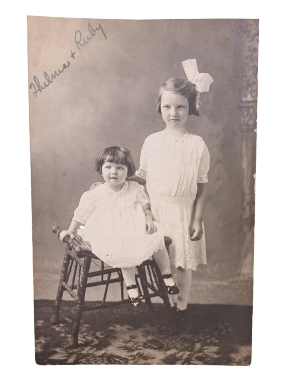Antique Black & White Photo Girls Sisters Thelma Ruby Postcard Early 1900s RPPC
